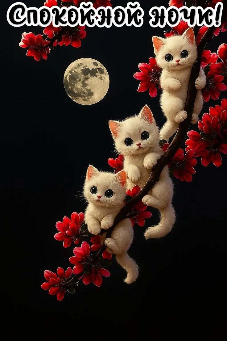 Открытка спокойной ночи. three kittens are sitting on a branch with red flowers and the moon in the background