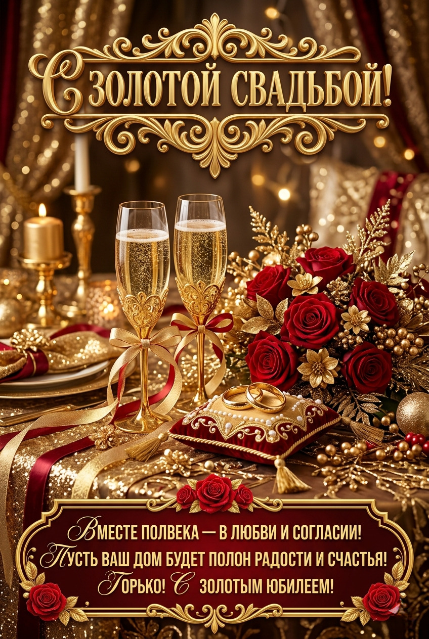 Открытка с золотой годовщиной свадьбы на 50 лет. золотая свадьба two glasses of champagne sitting on top of a table covered in red and gold decorations