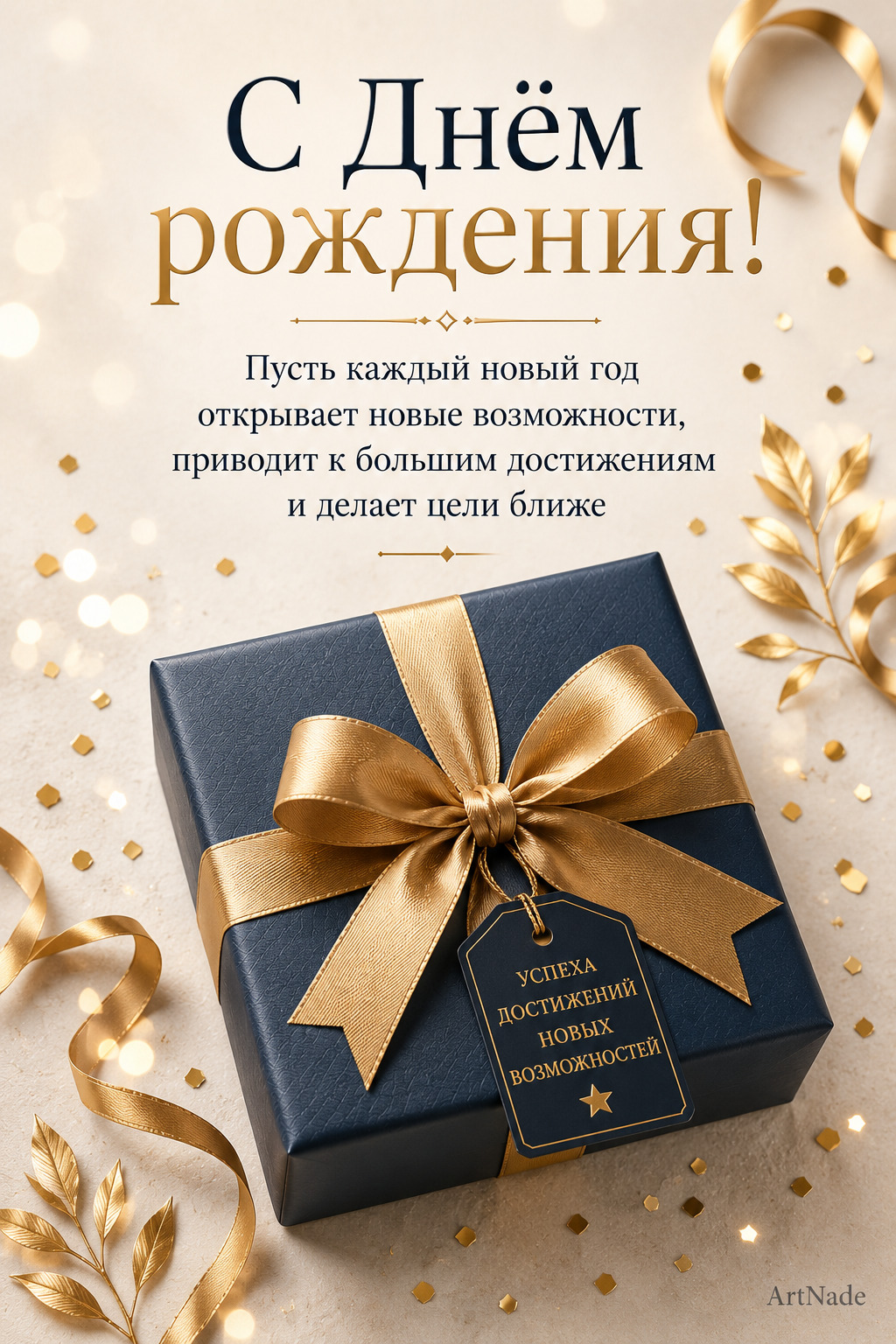Открытка с днем рождения мужчине. 🎉 С Днем рождения мужчине! Стильная открытка с поздравлением для мужчины в премиальном дизайне. Идеальный вариант, чтобы поздравить мужа, папу, брата, друга, коллегу или руководителя. Пусть каждый новый год открывает новые возможности, приводит к большим достижениям и делает цели ближе. Современная мужская открытка с подарком и красивыми пожеланиями на день рождения для вдохновения, мотивации и успеха. #сднемрождениямужчине #сднемрождения #открыткамужчине #поздравлениемужчине #деньрождениямужчины #мужскаяоткрытка #стильнаяоткрытка #поздравлениесднемрождения #подарокмужчине #подарокдругу #подарокмужу #подарокпапе #подарокколлеге #успех #мотивация #достижения #сильныймужчина #happybirthdayman #mensbirthday #birthdaycard #birthdaygift #giftideas #luxurystyle #premiumdesign С Днем рождения мужчине 🎉 Стильная открытка с пожеланиями успеха, достижений и новых возможностей a blue gift box with gold ribbon and bow on the front, surrounded by golden confetti