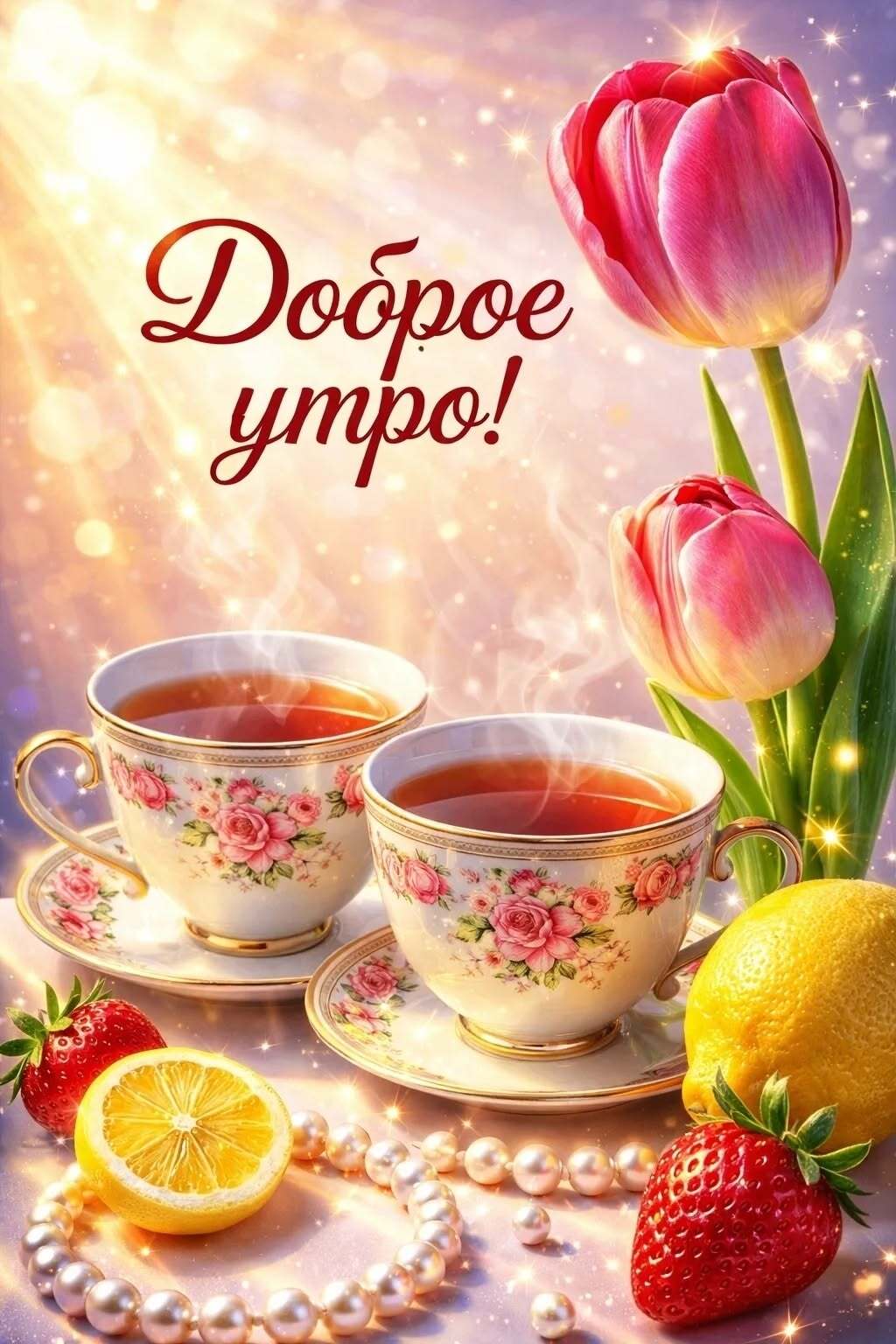 Открытка с добрым утром. Тюльпаны, чай с лимоном, клубника. Открытка с добрым утром. Тюльпаны, чай с лимоном, клубника.