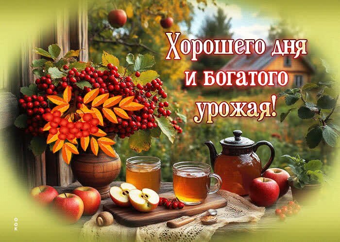 Осенняя открытка с яблоками, чаем и рябиной. Уютный деревенский пейзаж и пожелание «Хорошего дня и богатого урожая!» на русском языке. Открытка Богатого урожая Атмосферная осенняя открытка с уютным деревенским пейзажем. На переднем плане на деревянном столе разложены спелые яблоки, чашка горячего чая, стеклянная банка с медом и изящный заварочный чайник. Рядом стоит ваза с яркими ягодами рябины. На заднем плане виднеется уютный сельский дом в мягком солнечном свете. Картинка наполнена теплыми осенними красками и несет доброе пожелание: «Хорошего дня и богатого урожая!» на русском языке