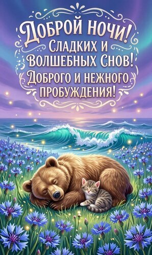 Открытка «Доброй ночи! Сладких и волшебных снов!». Милый медвежонок и котенок спят в цветах у моря. Красивое пожелание спокойной ночи и нежного пробуждения. Открытка Спокойной ночи Красивая и уютная поздравительная открытка на тему «Доброй ночи». На изображении милый бурый медвежонок и маленький котенок мирно спят в поле синих цветов под звездным небом. На фоне виден спокойный океан в лучах закатного или рассветного неба. Текст на русском языке гласит: «Доброй ночи! Сладких и волшебных снов! Доброго и нежного пробуждения!». Идеально подходит для отправки близким, друзьям и любимым в мессенджерах (WhatsApp, Viber) для пожелания спокойной ночи и добрых снов