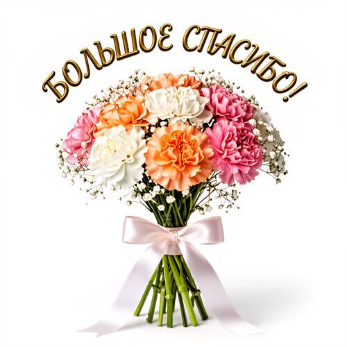 Букет розовых, белых и персиковых цветов с надписью «БОЛЬШОЕ СПАСИБО!». Идеальная открытка для выражения благодарности и поздравлений. Открытка Большое спасибо! Красивый праздничный букет из нежных роз и гвоздик в розовых, белых и персиковых тонах, дополненный воздушной гипсофилой. Букет перевязан изящной атласной лентой светло-розового цвета и украшен надписью «Большое спасибо!»