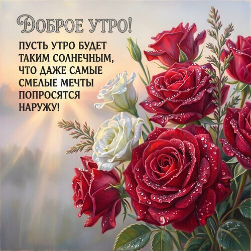 Открытка «Доброе утро!» с букетом красных и белых роз в лучах солнца. Вдохновляющее пожелание светлого утра и исполнения самых смелых мечтаний. Открытка Доброе утро! Красивая поздравительная открытка с изображением пышного букета красных и белых роз, покрытых каплями росы. На фоне видны нежные лучи восходящего солнца, создающие теплую и вдохновляющую атмосферу. На картинке размещен текст на русском языке: «Доброе утро! Пусть утро будет таким солнечным, что даже самые смелые мечты попросятся наружу!»