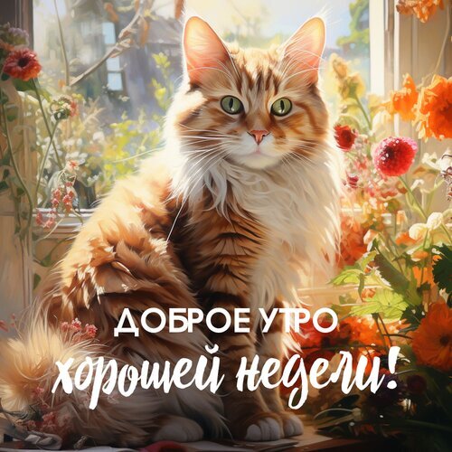 Доброе утро! Красивая открытка с пушистым рыжим котом и цветами. Пожелание хорошей недели в уютном солнечном стиле. Идеально для мессенджеров. Открытка Хорошей вам недели Красивая поздравительная открытка с изображением пушистого рыжего кота с зелеными глазами, сидящего среди ярких осенних цветов. На картинке надпись на русском языке: Доброе утро, хорошей недели!. Иллюстрация выполнена в мягком, теплом солнечном свете, создавая уютную и позитивную атмосферу Доброе утро! Красивая открытка с пушистым рыжим котом и цветами. Пожелание хорошей недели в уютном солнечном стиле. Идеально для мессенджеров. Открытка Хорошей вам недели Красивая поздравительная открытка с изображением пушистого рыжего кота с зелеными глазами, сидящего среди ярких осенних цветов. На картинке надпись на русском языке: Доброе утро, хорошей недели!. Иллюстрация выполнена в мягком, теплом солнечном свете, создавая уютную и позитивную атмосферу