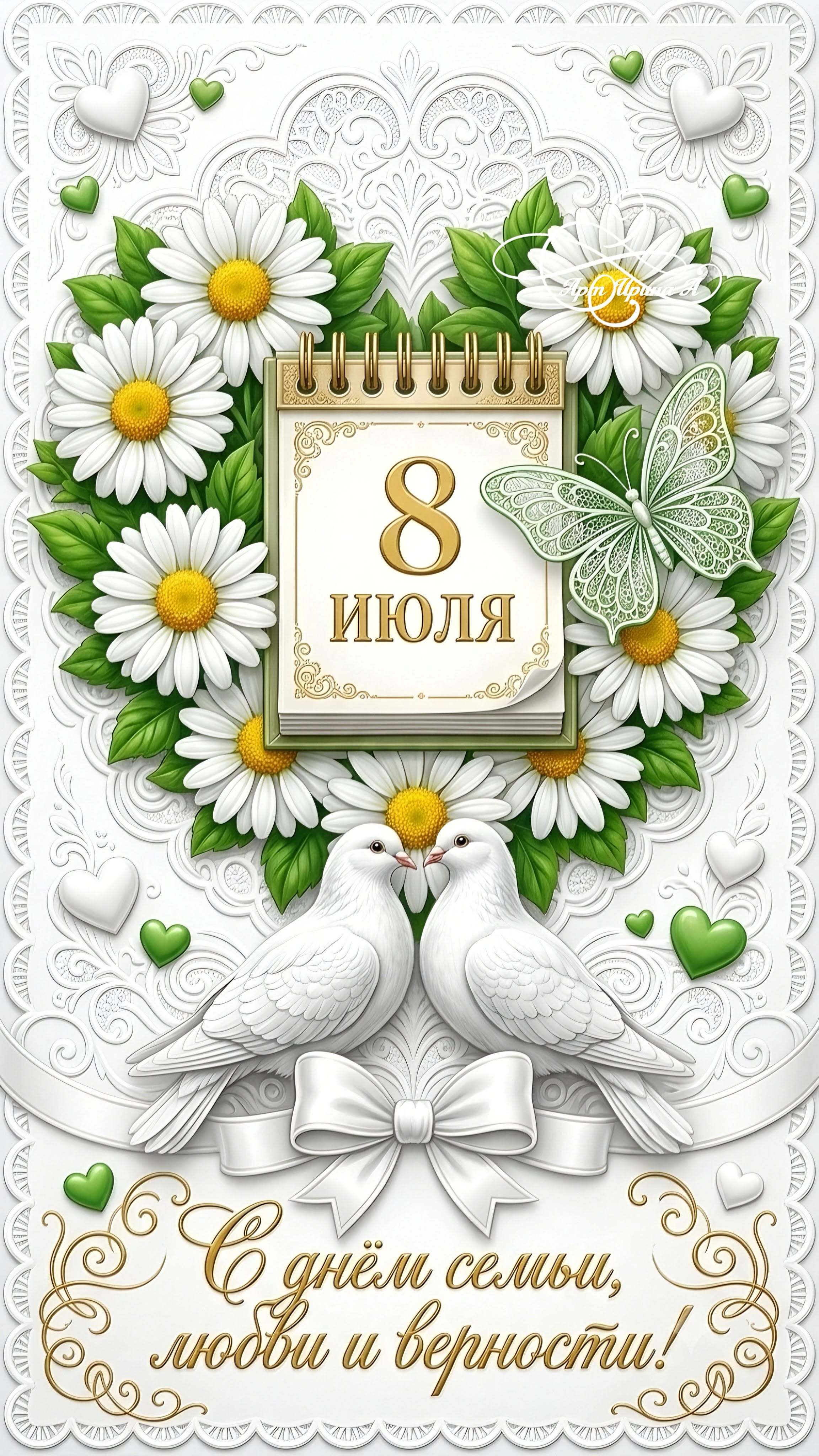 Открытка на День Семьи Любви и Верности. Цветы, два белых голубя.