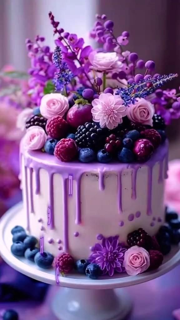 Открытка с днем рождения. a cake with purple icing and fresh berries on the top is decorated with flowers Открытка с днем рождения. a cake with purple icing and fresh berries on the top is decorated with flowers