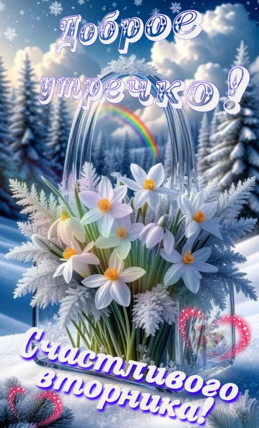 Открытка на зимний вторник. Цветы и заснеженный лес.