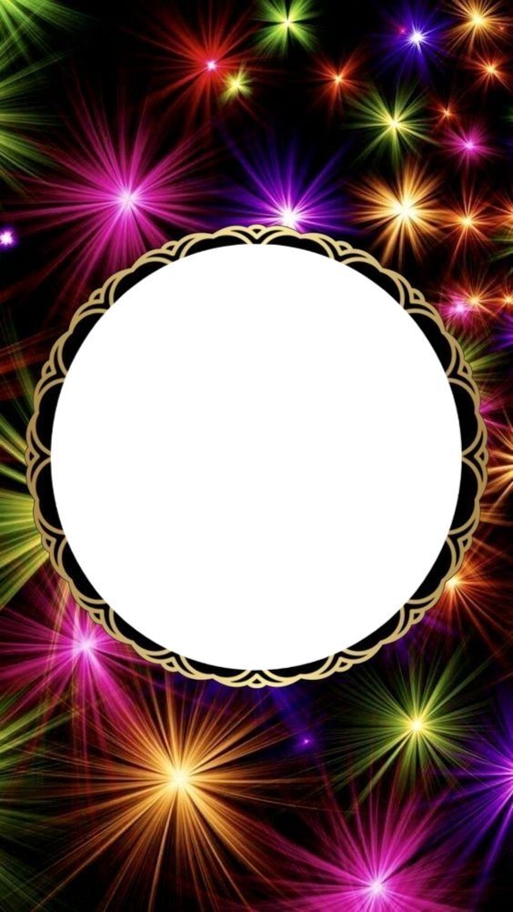Открытка с днем рождения. a white circle surrounded by colorful fireworks. Открытка с пустым местом для имени.