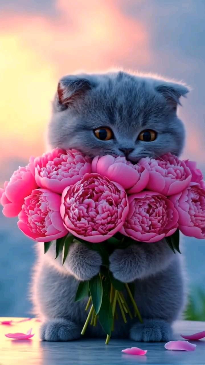 Открытка с Днем рождения с котиками. a cat with flowers in its mouth