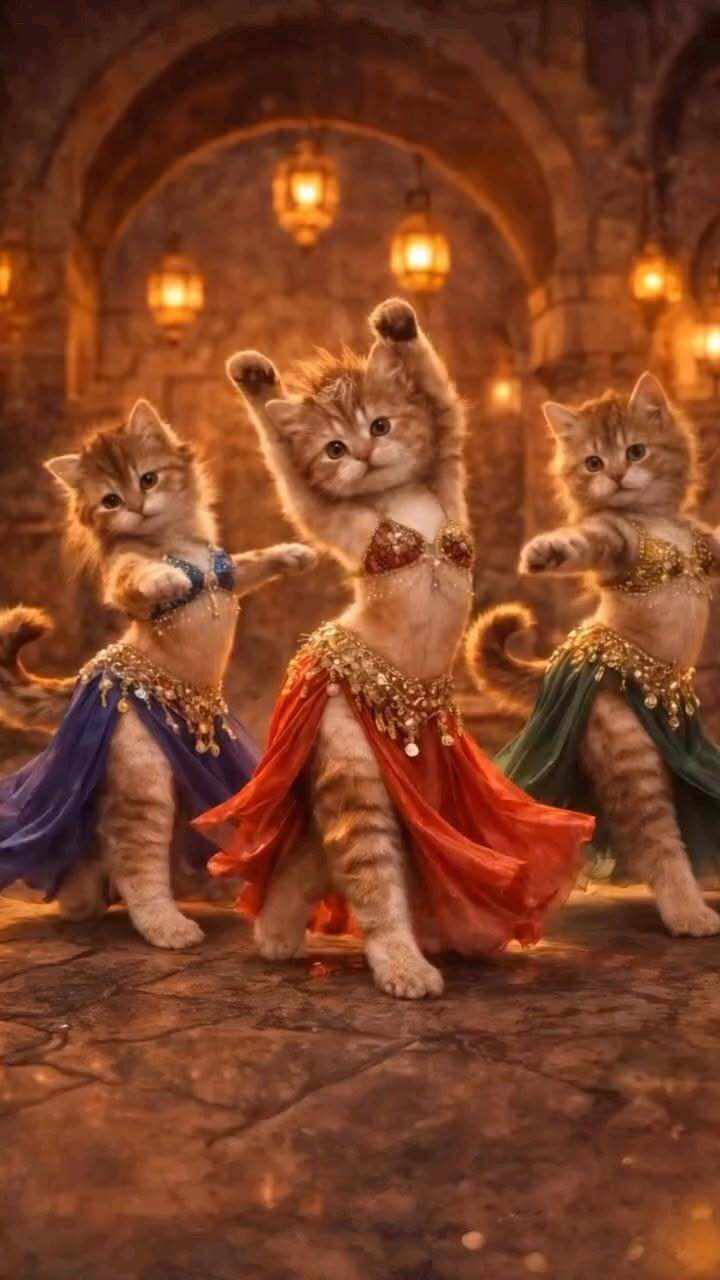 Открытка про кошек, котиков. Кошечки танцуют в ретро стиле.