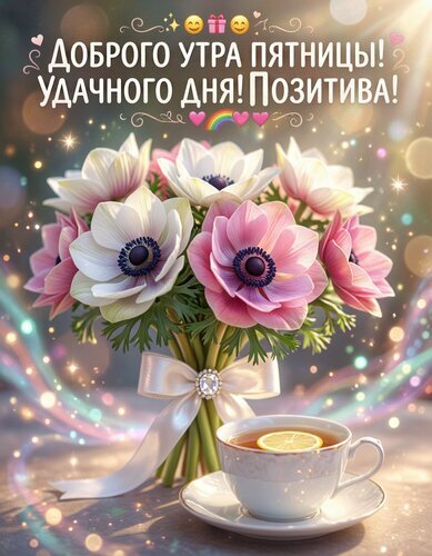 Красивая открытка «Доброе утро пятницы!». Букет нежных анемонов, чашка чая с лимоном и пожелания позитивного дня в сияющем волшебном стиле. Открытка Доброго утра пятницы Красивая поздравительная открытка, посвященная пятнице. На изображении представлен пышный букет нежных розово-белых анемонов (ветрениц), перевязанный элегантной белой атласной лентой с блестящей брошкой. На переднем плане стоит чашка ароматного чая с долькой лимона на блюдце. Фон наполнен волшебным свечением, сверкающими искрами и мягкими бликами (боке), создавая атмосферу утреннего уюта и радости. Сверху размещен праздничный текст на русском языке: «Доброго утра пятницы! Удачного дня! Позитива!» в окружении милых эмодзи и декоративных элементов