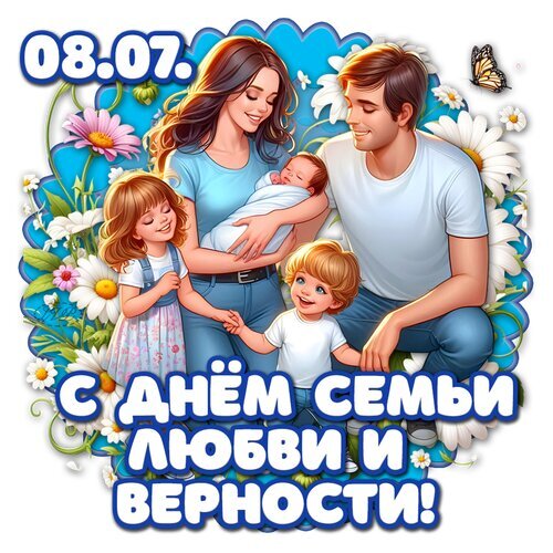 Поздравление с Днем семьи, любви и верности (8 июля). Счастливая семья с детьми на фоне ромашек. Яркая праздничная открытка для соцсетей. Открытка ДЕНЬ Семьи. Любви И Верности Красочная поздравительная открытка к Дню семьи, любви и верности (8 июля). На иллюстрации изображена счастливая молодая семья: мама, папа, маленькая дочка, сын и младенец на руках. Семья окружена яркими белыми и розовыми ромашками на фоне голубого неба. В нижней части картинки крупная праздничная надпись на русском языке: С Днем семьи, любви и верности!. Иллюстрация выполнена в теплом, мультяшном стиле, передающем атмосферу уюта, нежности и семейного счастья
