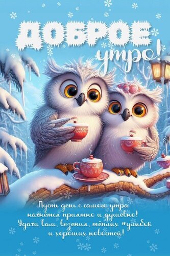 Милая зимняя открытка «Доброе утро!» с двумя пушистыми совятами, пьющими чай. Теплое пожелание приятного дня, удачи и хороших новостей в заснеженном лесу. Открытка Доброе утро Милая и уютная открытка с двумя пушистыми совятами, которые пьют чай в заснеженном зимнем лесу. На изображении крупным планом очаровательные мультяшные совы с большими глазами, держащие маленькие чашки. Фон украшен мягким зимним пейзажем, снегом и снежинками. Текст на русском языке гласит: «Доброе утро! Пусть день с самого утра начнется приятно и душевно! Удачи вам, везения, теплых улыбок и хороших новостей!»