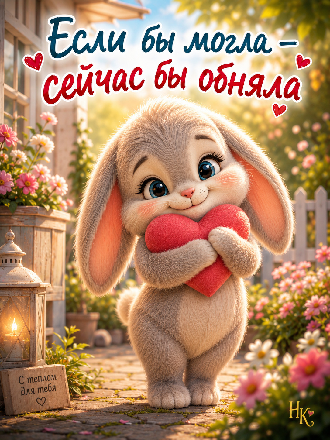 Открытка люблю тебя от девушки. Зайка с сердечком. Если бы могла - сейчас бы обняла.