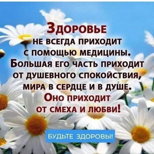 Вдохновляющая цитата о здоровье, душевном покое и любви на фоне белых ромашек. Позитивное пожелание здоровья и душевного равновесия. Открытка Здоровье НЕ Всегда Приходит С Помощью Медицины Картинка с мотивирующей цитатой на фоне белых ромашек и голубого неба. Текст на русском языке гласит: «Здоровье не всегда приходит с помощью медицины. Большая его часть приходит от душевного спокойствия, мира в сердце и в душе. Оно приходит от смеха и любви! Будьте здоровы!»