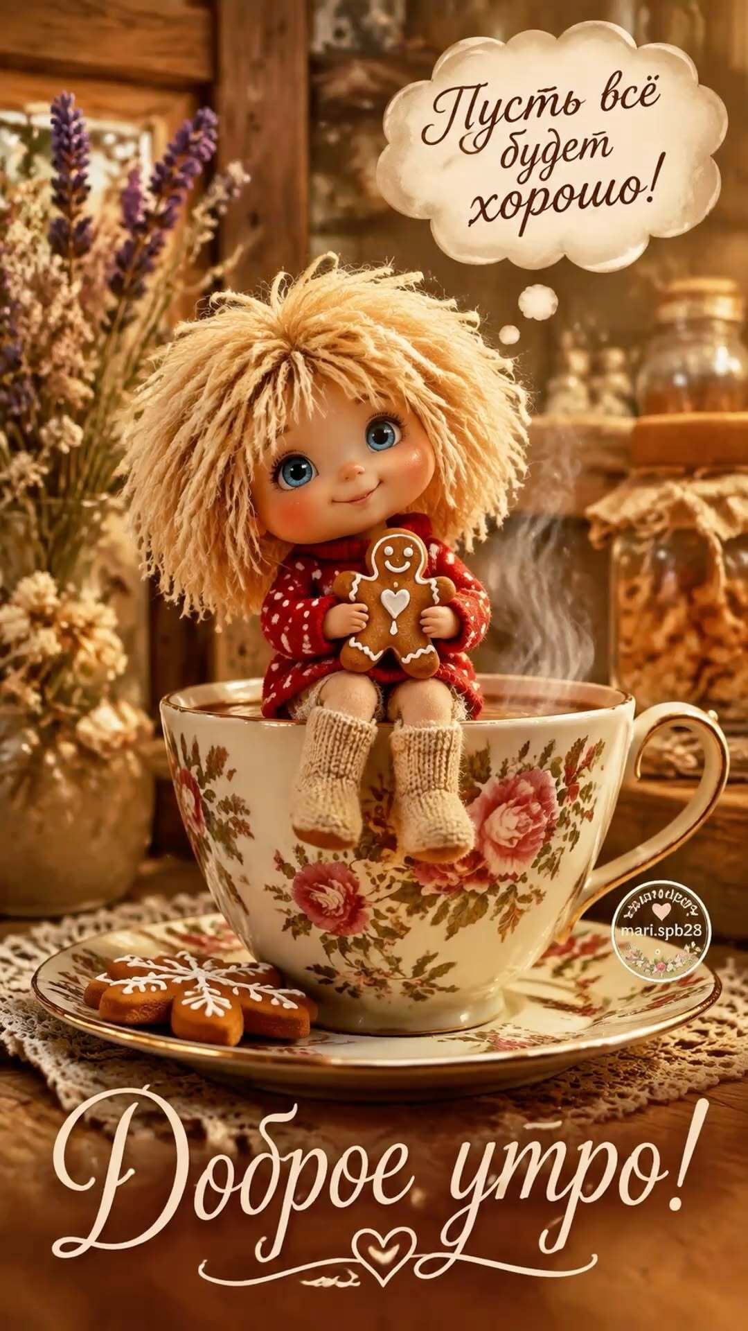 Открытка с добрым утром. Домовенок на чашке.
