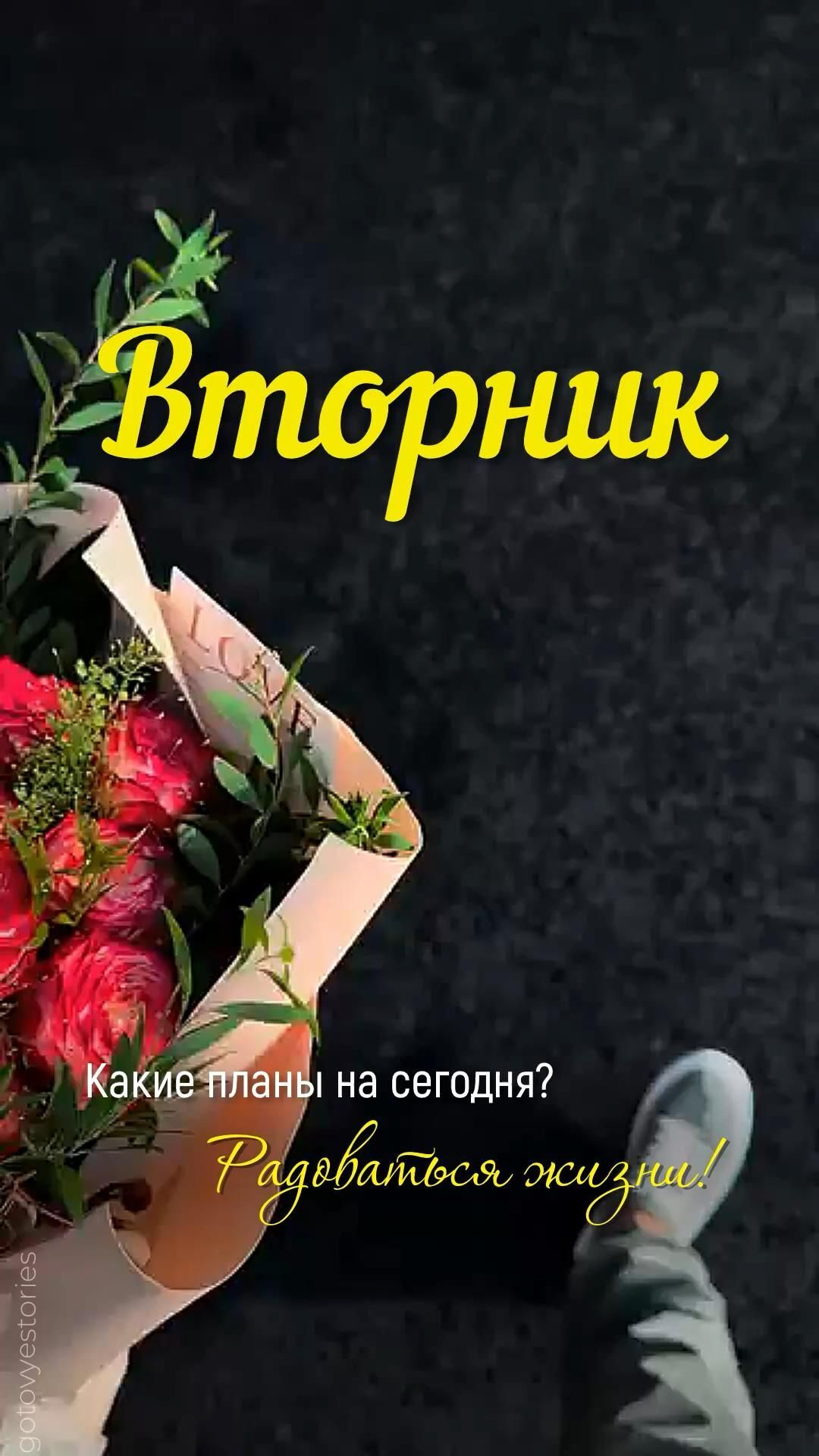 Открытка на вторник. сторис утро, доброе утро, позитивные пожелания, готовые сторис, утренние сторис, красивые сторис, вдохновение утро, утреннее настроение, утренние картинки, утренние видео, ретро стиль, анимация утро, эстетические сторис, картинки сторис, осенние сторис,  сторис природа, улыбка утро, мотивирующие цитаты, осенний уют, теплые слова, сторис кофе, утреннее настроение, осенние пейзажи, эстетика осени, музыка утренние сторис, природа утро, сторис позитив, утренние ритуалы, коллажи сторис Вторник a person holding a bouquet of flowers with the words bmoppuk in russian