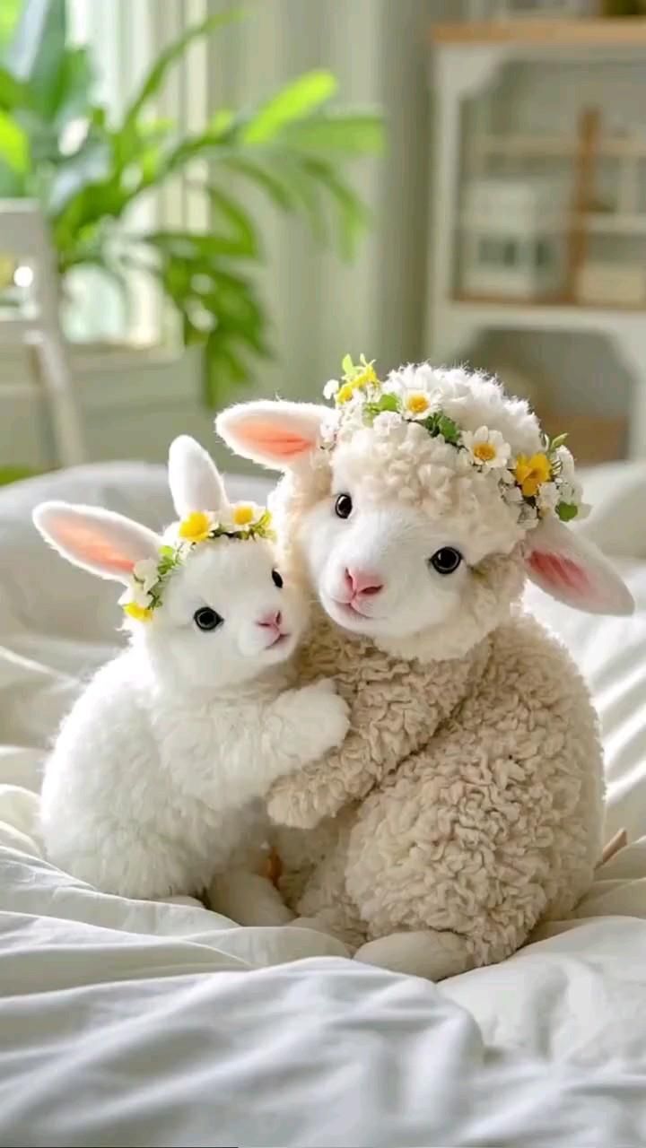 Пожелания на каждый день. 🤍⚘️🤍 two lambs sitting on top of a bed with flowers in their hair and one is hugging the other