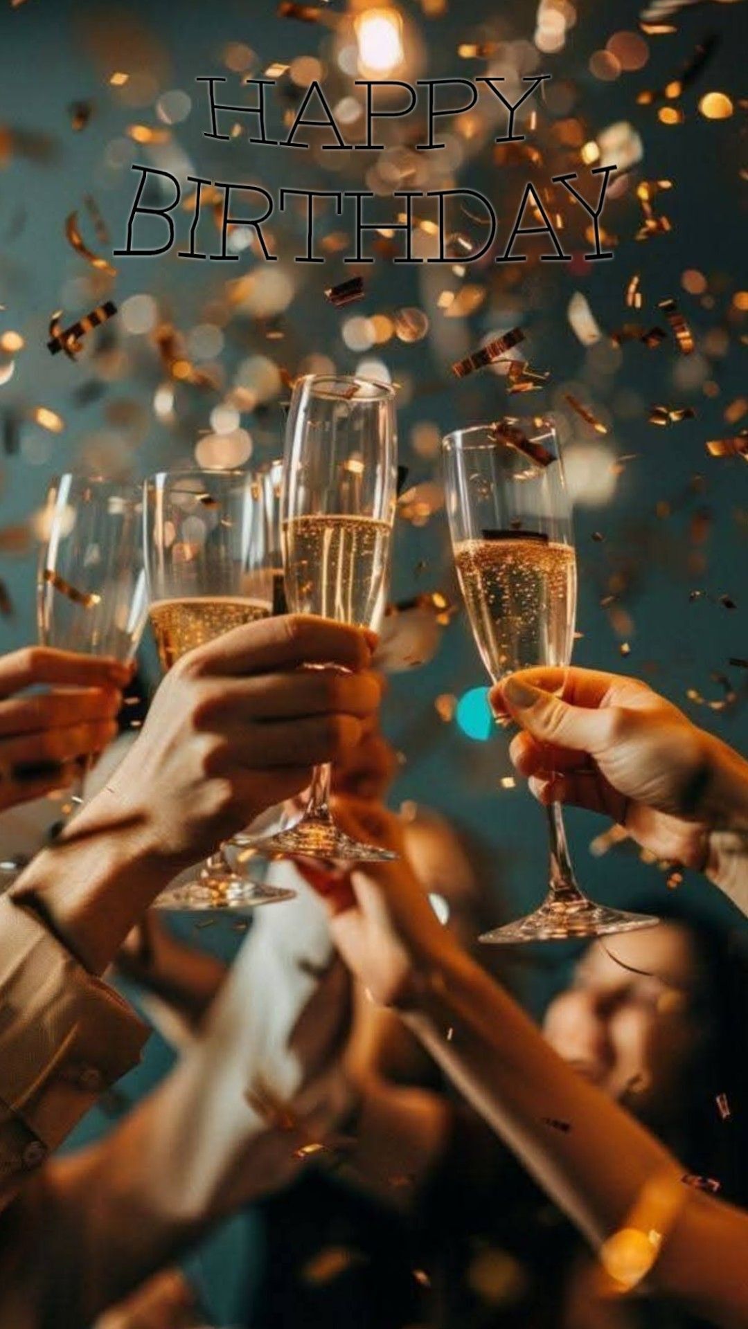 Открытка с днем рождения. many people are toasting with glasses of champagne