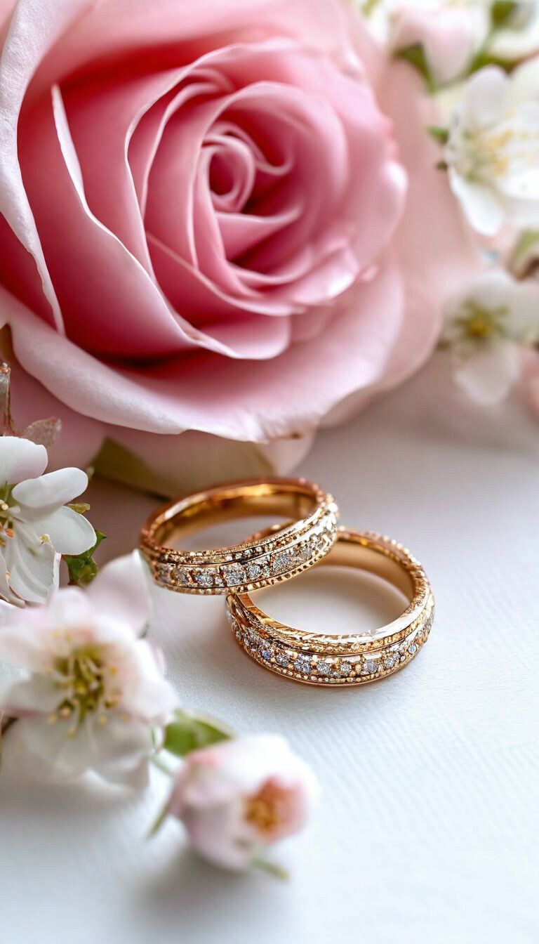 Открытка с днем свадьбы. two wedding rings sitting on top of a table next to pink roses and white flowers
