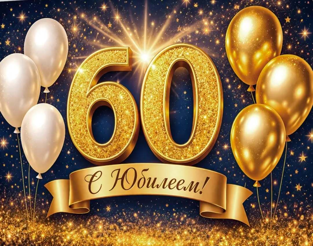 Открытка с днем рождения 60 лет юбилей. 60th birthday card with gold and white balloons, stars and sparkles in the background