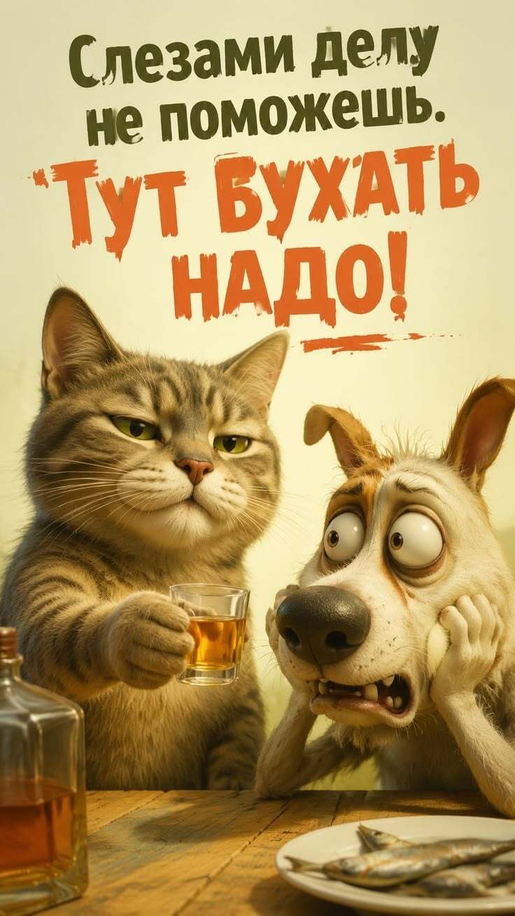 Пожелания на каждый день. Слезами делу не поможешь. Тут бухать надо! Кот и собака.