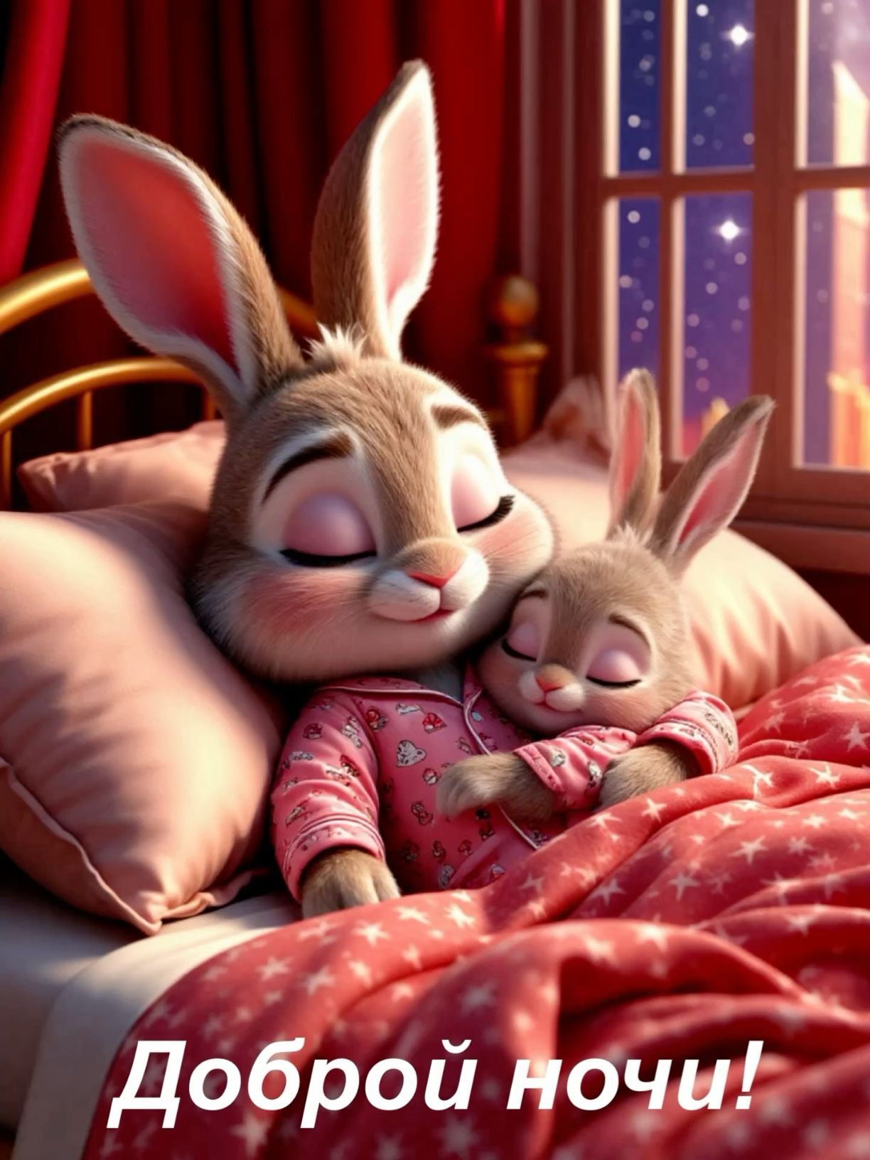 Открытка спокойной ночи. two rabbits cuddle together on a bed
