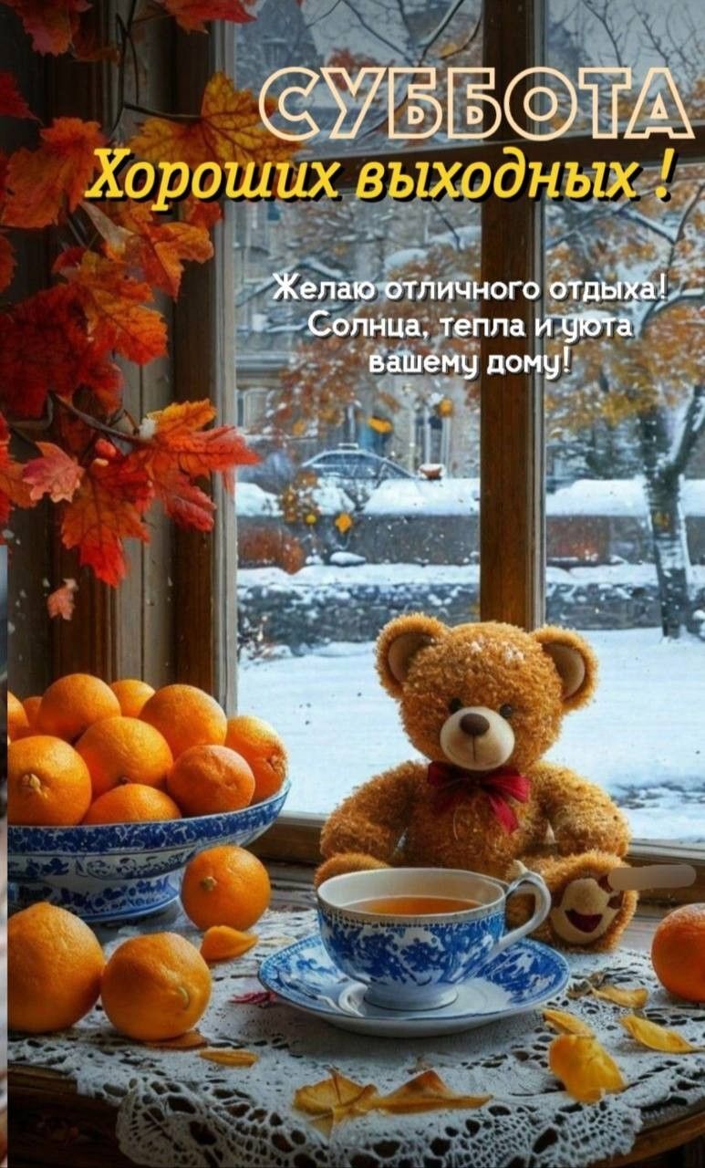 Открытка на субботу. there is a teddy bear sitting at a table with oranges