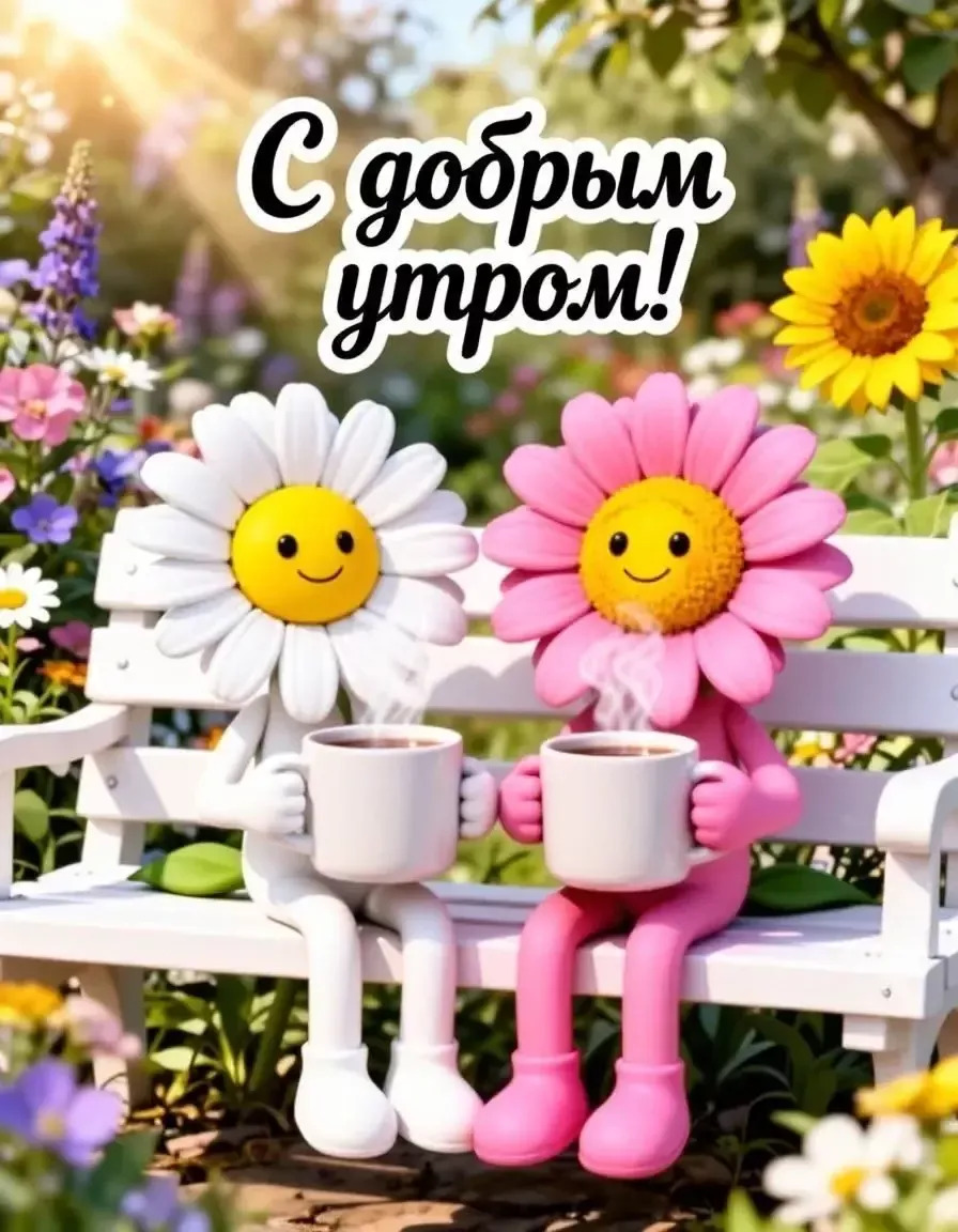 Открытка с добрым утром. Цветы сидят на скамейке в саду.