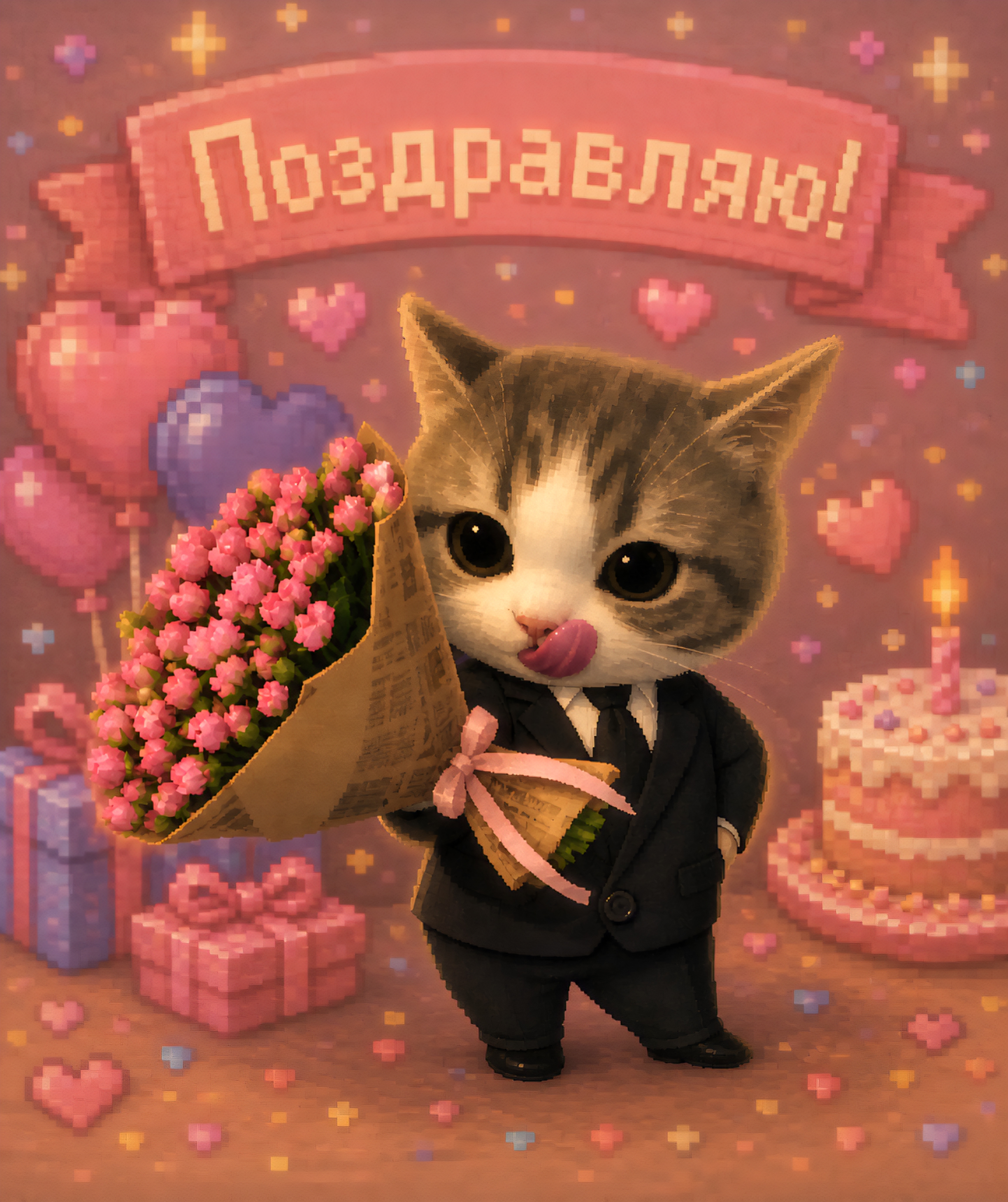 Открытка с днем рождения. a cat holding a bouquet of flowers in front of a birthday cake with candles on it