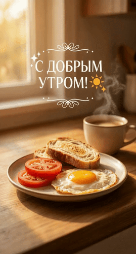 Открытка с добрым утром. Завтрак на столе у окна.