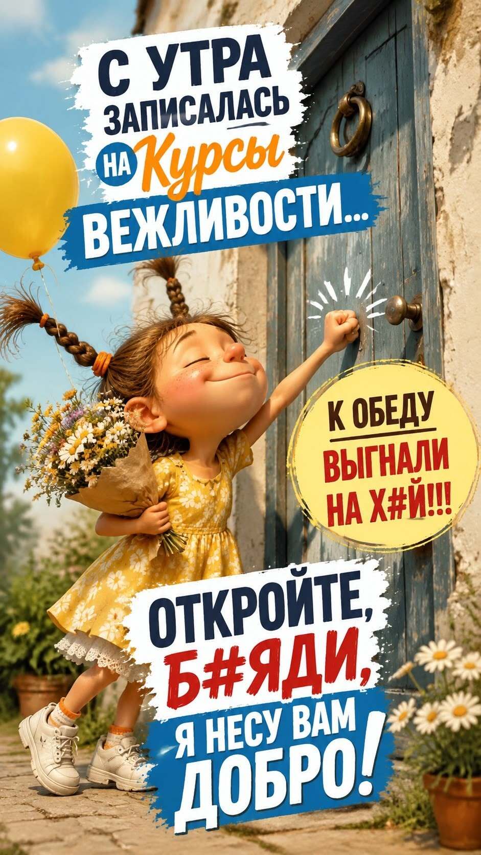 Открытка с добрым утром. С утра записалась на курсы вежливости. Немного хулиганская с юмором.