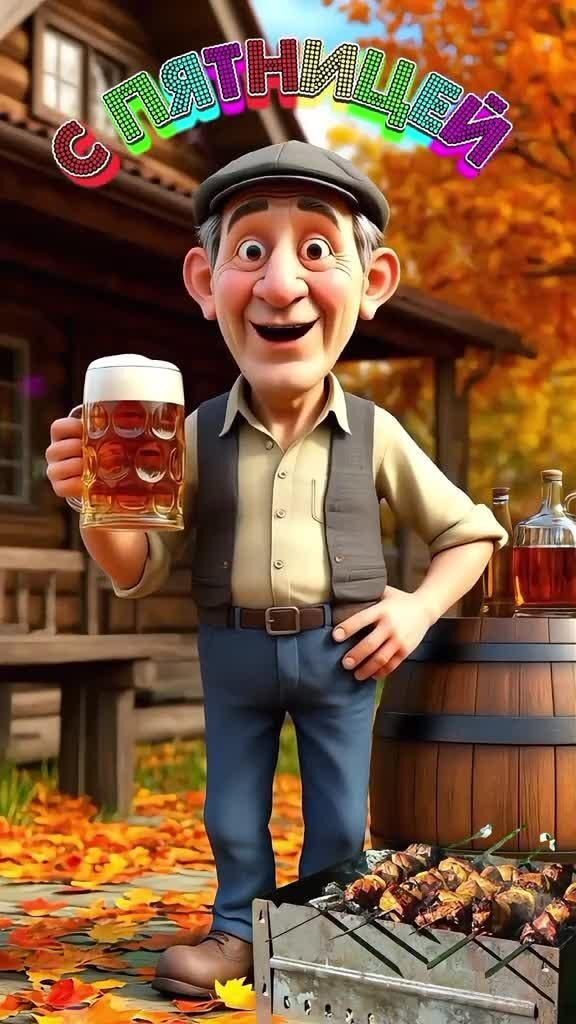 Открытка на пятницу. Мужчина с бокалом пива. Шашлыки. a cartoon character holding a beer in front of a bbq with autumn leaves on the ground