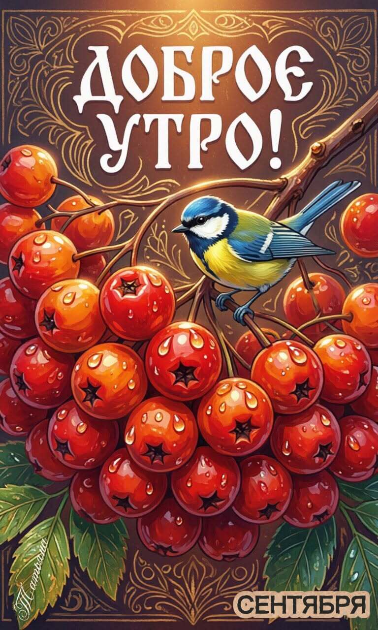 Открытка на осень. Доброе утро сентября. Синичка. Открытка на осень. Доброе утро сентября. Синичка.
