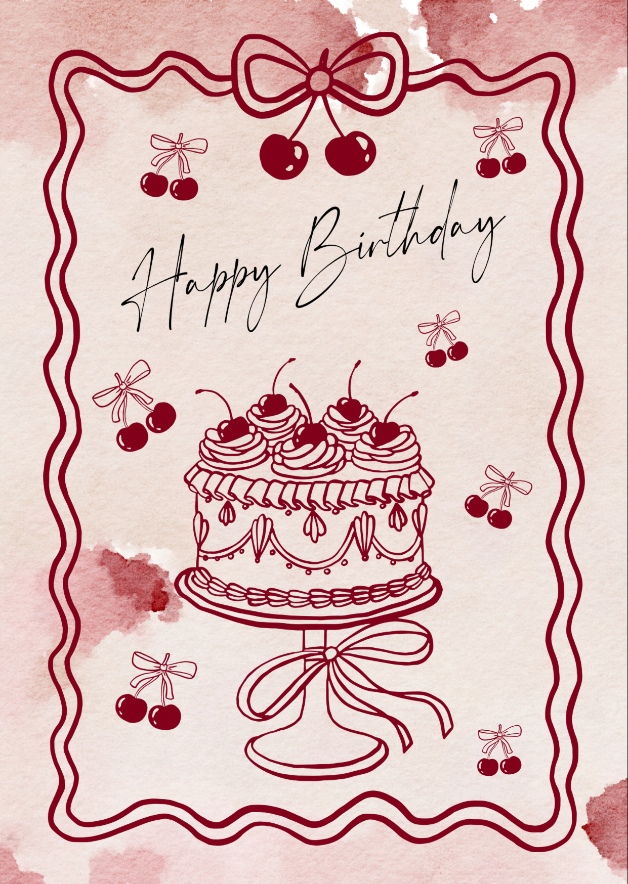 Открытка с днем рождения. Happy birthday card #happybirthday #happy #digitalcard Happy birthday a happy birthday card with a cake and cherries on the top, in red ink