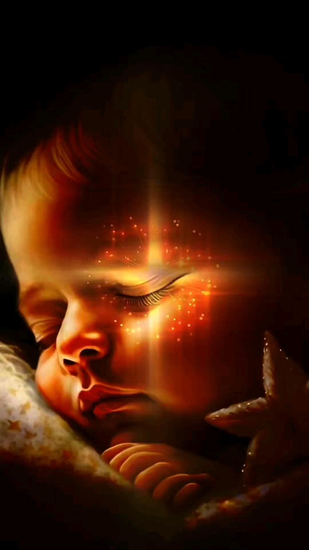 Открытка спокойной ночи. a painting of a young child with her eyes closed and the light shining through it Открытка спокойной ночи. a painting of a young child with her eyes closed and the light shining through it