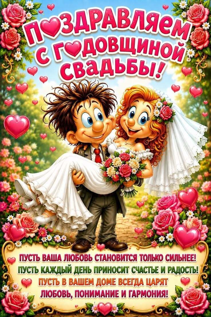 Открытка с годовщиной свадьбы. Жених с невестой и много цветов и сердечек. Пожелания.