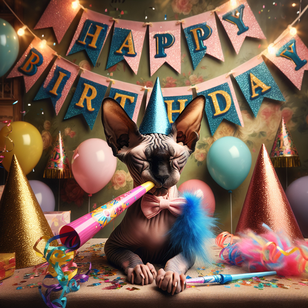Открытка с днем рождения. This enchanting depiction shows a sphynx cat with a party blower in its mouth, amidst a room decorated with bunting and party hats. A banner drapes across the top corner with 'Happy Birthday' written in elegant cursive, while the cat's playful expression draws you into the celebration. a sphydrah cat wearing a party hat sitting in front of balloons and streamers