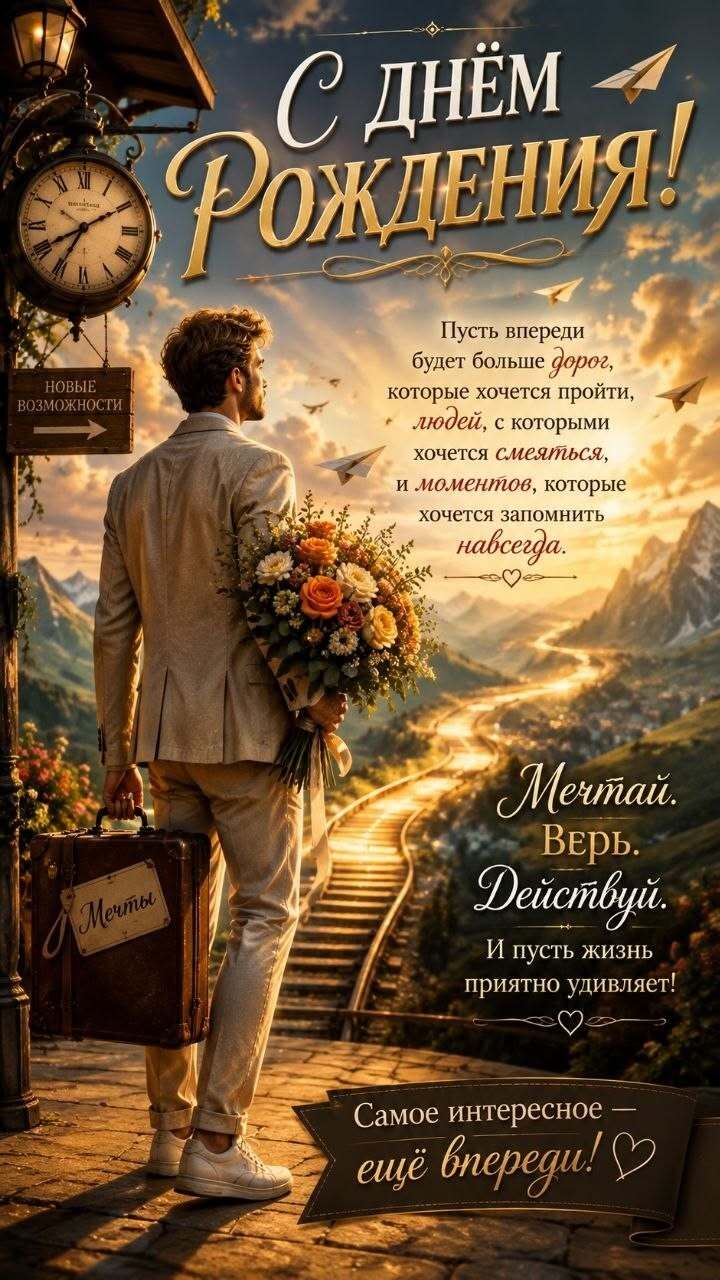 Открытка с днем рождения мужчине. a man with a suitcase and flowers in his hand is standing on the cover of a magazine
