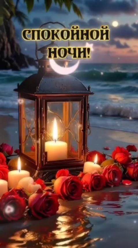 Открытка спокойной ночи. ❤️Спокойной ночи there is a lantern on the beach with roses