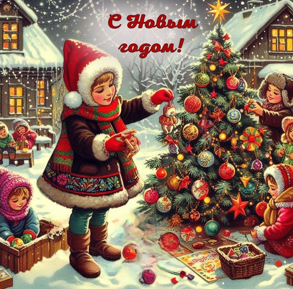 Открытка с Новым годом. children are decorating a christmas tree in the snow