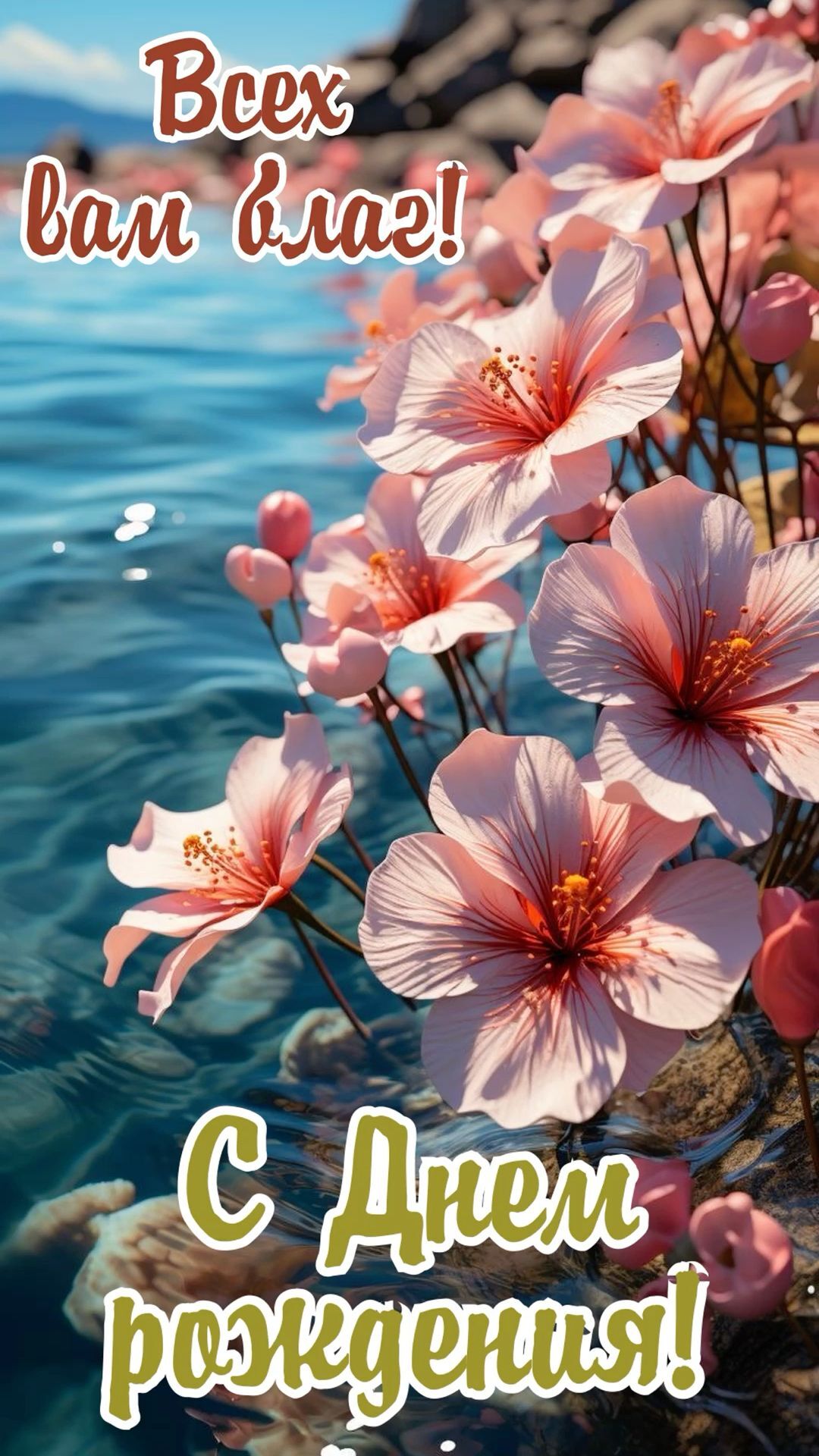 Открытка с днем рождения. Свершилось pink flowers are growing out of the rocks by the water with words that read, bes Открытка с днем рождения. Свершилось pink flowers are growing out of the rocks by the water with words that read, bes