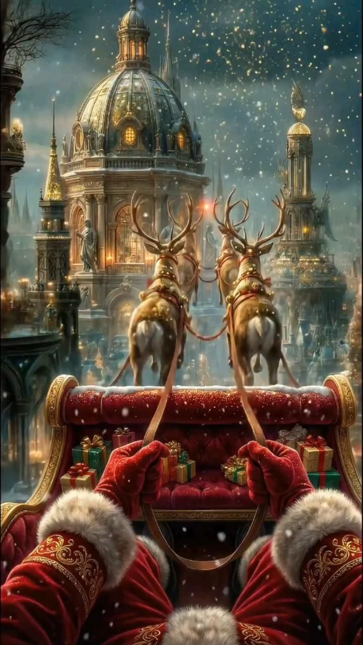 Открытка с Новым годом. santa claus and his reindeer sleigh ride through the city