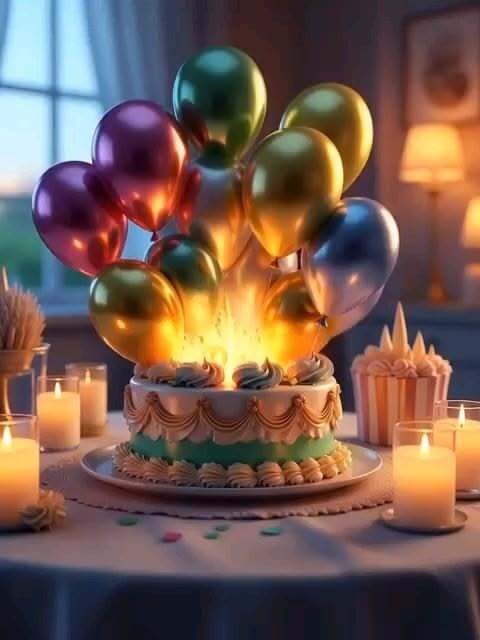 Открытка с днем рождения. a birthday cake with many balloons on it Открытка с днем рождения. a birthday cake with many balloons on it