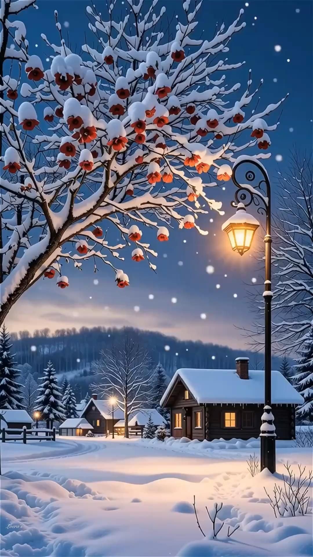 Открытка добрый зимний вечер. a snowy scene with a street light and tree