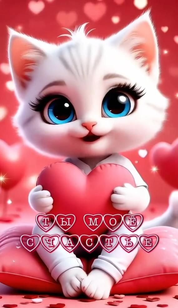 Открытка люблю тебя. ❤️ Для тебя a white kitten holding a red heart on top of a pink pillow with hearts around it