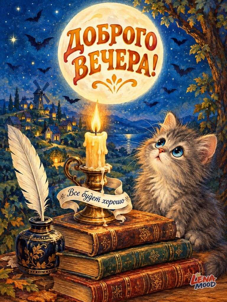 Открытка добрый вечер. Котик, книги, перо. Все будет хорошо. Открытка добрый вечер. Котик, книги, перо. Все будет хорошо.