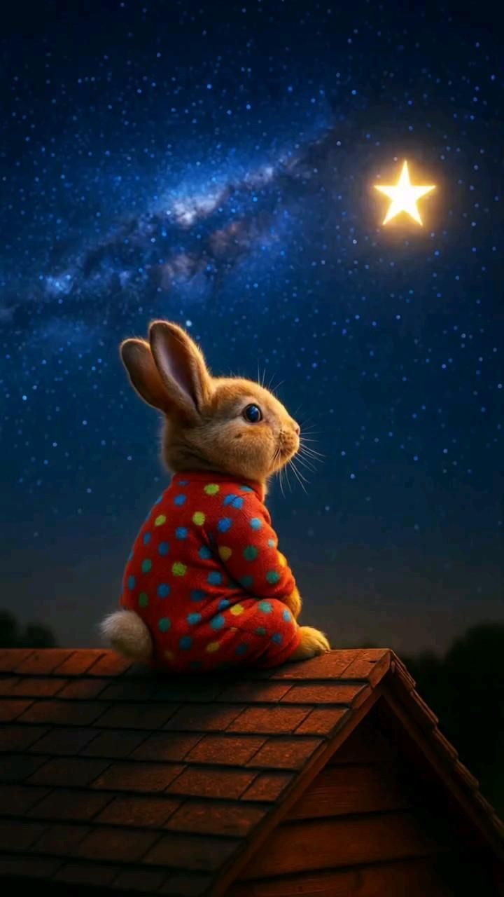 Открытка спокойной ночи. a rabbit sitting on top of a roof under the stars Открытка спокойной ночи. a rabbit sitting on top of a roof under the stars