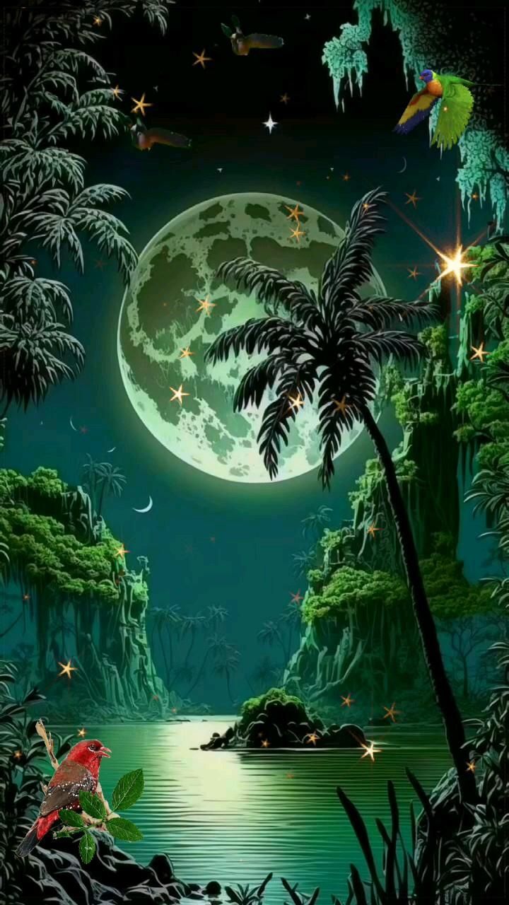 Открытка спокойной ночи. спокойной ночи an image of a night scene with trees and birds in the moonlight sky over water